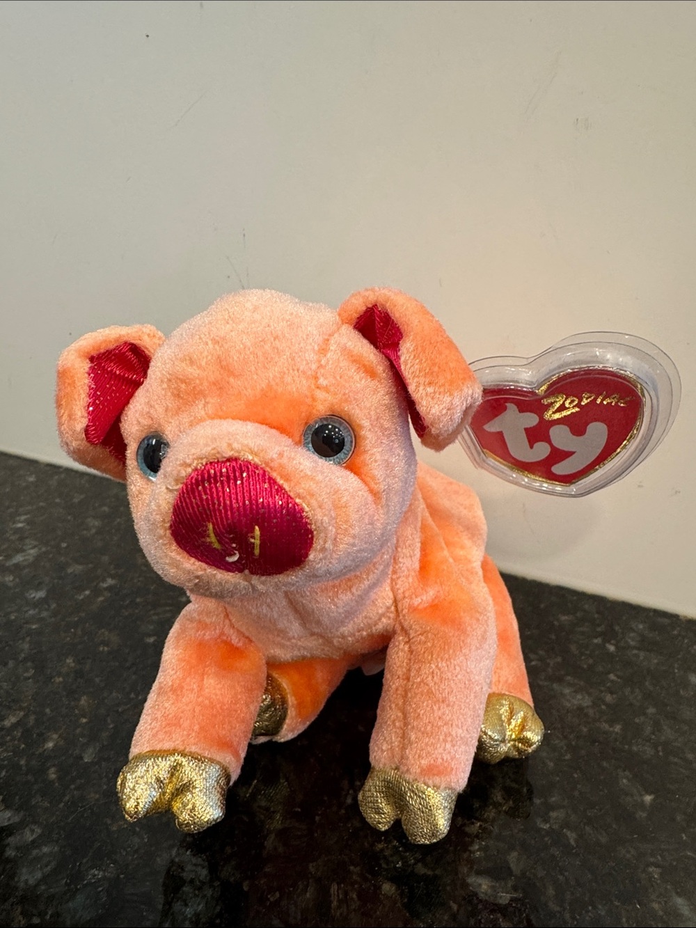 Ty Coral Plush Pig with Gold Hooves and Pink Snout